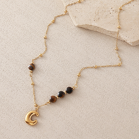 European Faceted Natural Tiger Eye 304 Stainless Steel Alphabet Pendant Necklaces QN9691-3-1