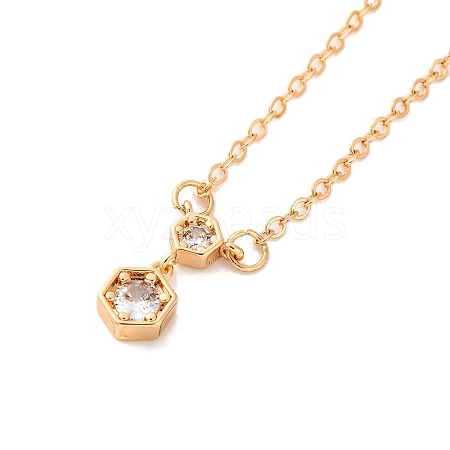 Brass Pave Clear Cubic Zirconia Cable Chain Hexagon Pendant Necklaces for Women NJEW-U006-02C-KCG-1