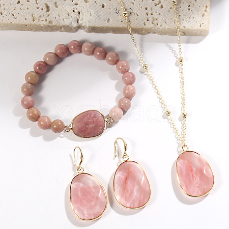 Oval Alloy & Natural Rhodonite & Cherry Quartz Glass Pendant Necklaces & Beaded Bracelets & Dangle Earrings Sets WGD3DFC-05-1