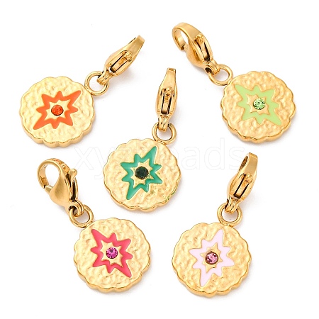 Flat Round with Star 304 Stainless Steel Rhinestone & Enamel Pendant Decorations STAS-I331-08G-1