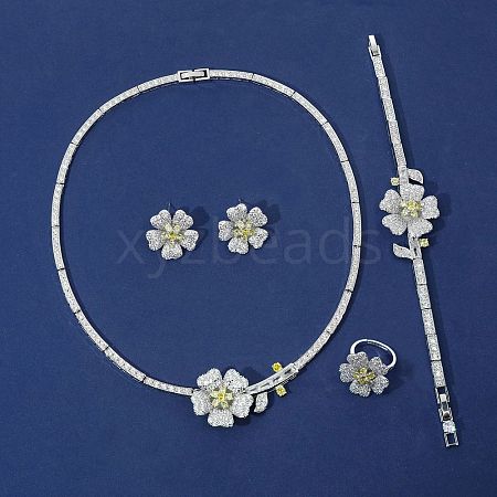 Flower Brass Micro Pave Cubic Zirconia Pendant Necklaces & Stud Earrings & Rings & Bracelets Sets WG9A1B1-04-1