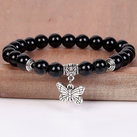 8MM Round Natural Obsidian Beaded Stretch Bracelets with Alloy Butterfly Charms FQ7211-13-1
