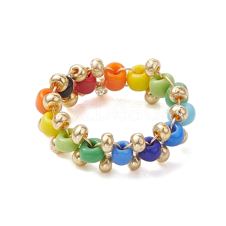 Glass Seed & Brass Beads Finger Rings RJEW-JR00687-1