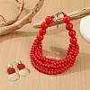 Wood Round Beaded Multilayer Necklaces & Alloy Flat Round Dangle Earrings Sets FS-WG02398-01-4