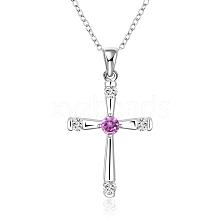 Silver Color Plated Brass Cubic Zirconia Cross Pendant Necklaces NJEW-BB09493