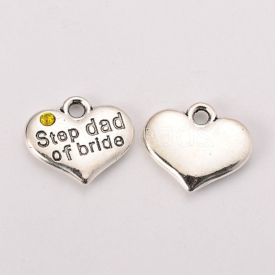 Wedding Theme Antique Silver Tone Tibetan Style Alloy Heart with Step Dad of Bride Rhinestone Charms LS-TIBEP-N005-22D-1