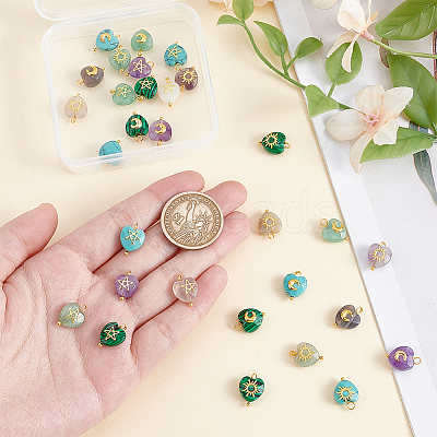 30Pcs 5 Styles Natural Amethyst & Grey Agate & Green Aventurine & Synthetic Malachite & Turquoise Faceted Hearted Charms with Brass Sun Star Moon Slices PALLOY-PHE00010-1