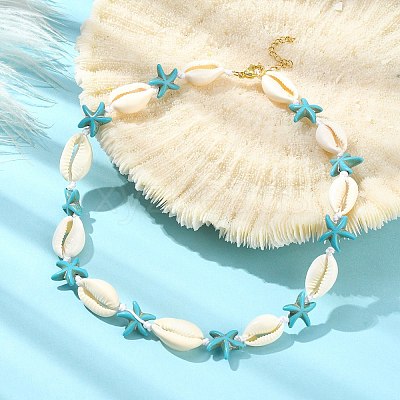 Natural Shell & Synthetic Turquoise Starfish Beaded Necklace with 304 Stainless Steel Clasps X-NJEW-TA00107-01-1