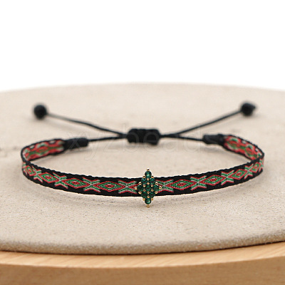 Vintage Bohemian Cotton Cord Braided Bracelets with Brass Micro Pave Green Cubic Zirconia Rhombus Beads HL6263-22-1