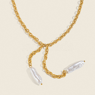 304 Stainless Steel Textured Cable Chain Faux Pearl Bar Tassel Pendant Necklaces for Women YV1047-1-1