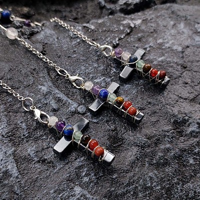 Chakras Natural Gemstone Beads Wire Wrapped Cross Dowsing Pendulums PW23032849378-1