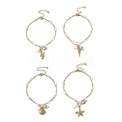 Ocean 304 Stainless Steel Sea Animals & Handmade Flower Printed Porcelain Ceramic Charm Anklets AJEW-AN00866-1