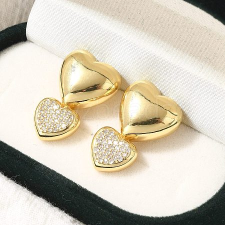 Rack Plating Heart Brass Micro Pave Clear Cubic Zirconia Stud Earrings EJEW-H143-26G-1