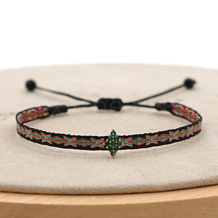 Vintage Bohemian Cotton Cord Braided Bracelets with Brass Micro Pave Green Cubic Zirconia Rhombus Beads HL6263-22-1