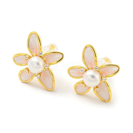 Cubic Zirconia Flower Stud Earrings with Natural Pearl EJEW-Z020-06G-1