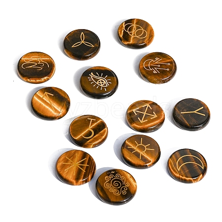 13Pcs 13 Styles Flat Round Natural Tiger Eye Rune Stones PW-WG15937-07-1