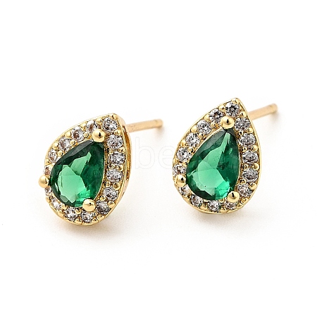 Green Cubic Zirconia Teardrop Stud Earrings EJEW-F288-20G-1