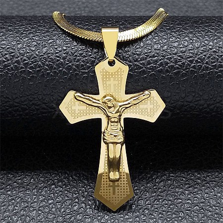 304 Stainless Steel Cross with Jesus Pendant Necklaces NJEW-G115-04G-1