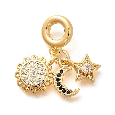 Brass Black & Clear Cubic Zirconia Sun & Star & Moon European Dangle Charms KK-U048-07G-1