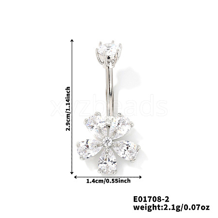 Flower Brass Cubic Zirconia Belly Rings Curved Barbell QR5785-2-1