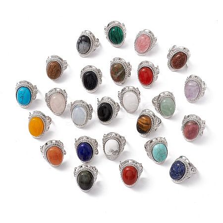 Gemstone Oval Adjustable Ring RJEW-P041-01P-1