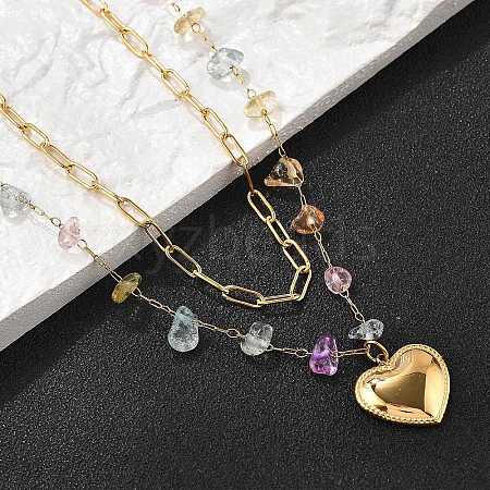 304 Stainless Steel & Natural Mixed Stone Colorful Chip Double Layer Heart Pendant Necklaces for Women NJEW-Z061-06G-02-1