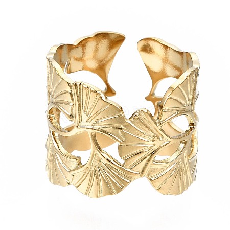 304 Stainless Steel Ginkgo Leaf Wrap Open Cuff Ring X-RJEW-T023-28G-1