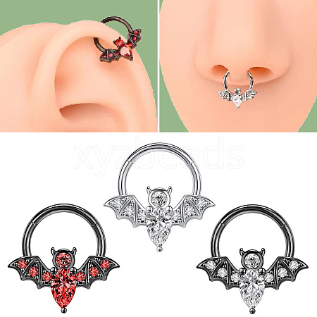 304 Stainless Steel Crystal Rhinestone Halloween Bat Hoop Nose Rings WG0E020-03-1