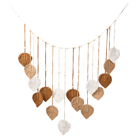 Bohemian Hand-woven Cotton Rope Leaf Tassel with Wood Beads Wall Hanging Ornaments FIND-WH20019-136B-03-1