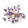 Natural Amethyst Chips & Pearl Beaded Flower Brooch Pin JEWB-BR00098-01-1