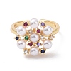 Colorful Cubic Zirconia Flower Open Ring with Acrylic Pearl Beaded RJEW-P032-18G-2