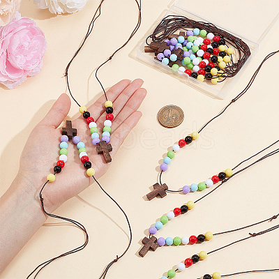 Wood Cross with Acrylic Beaded Pendant Necklaces for Women NJEW-AB00012-1