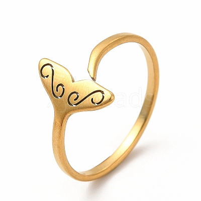 201 Stainless Steel Whale Tail Open Cuff Ring for Women RJEW-K239-01G-1-1