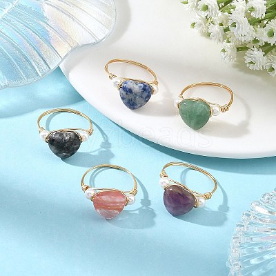 Gemstone & Shell Pearl Copper Wire Finger Rings for Women RJEW-JR01110-1
