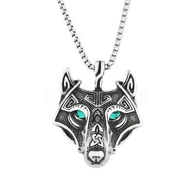 304 Stainless Steel Rhinestone Viking Wolf Head Pendant Necklaces FS-WGCFA8E-03-1