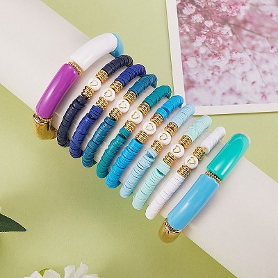10Pcs 10 Style Handmade Polymer Clay Heishi Beaded Stretch Bracelets Set with Heart BJEW-SW00036-03-1