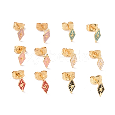 Enamel Rhombus with Star Stud Earrings with 316L Surgical Stainless Steel Pins EJEW-P204-02G-1