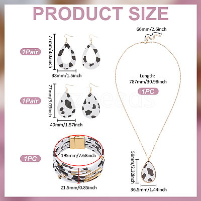 Leopard Teardrop PU Leather Pendant Necklaces & Bracelets & Dangle Earrings Sets SJEW-WH0007-07A-1