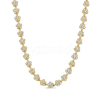 304 Stainless Steel Pave Clear Cubic Zirconia 5-Petal Flower Link Chain Necklaces for Women WG9E91A-01-1