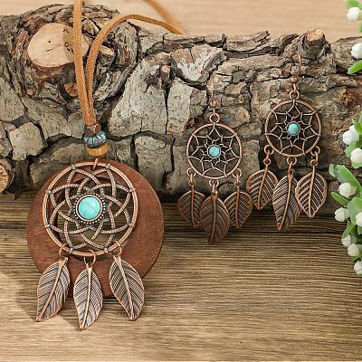 Bohemian Style Alloy & Wood & Synthetic Turquoise Pendant Necklaces & Dangle Earrings Sets WG14320-02-1