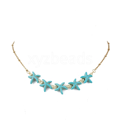 Ocean Dyed Synthetic Turquoise Starfish Beaded Bib Necklaces with 304 Stainless Steel Satellite Chains NJEW-JN05979-01-1