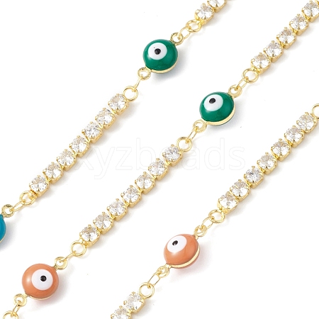 Brass Enamel Evil Eye Link Chains with Cubic Zirconia CHS-P016-36G-01-1
