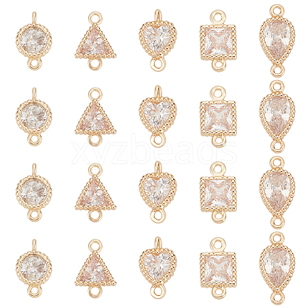 BENECREAT 20Pcs 5 Styles Brass Pave Clear Cubic Zirconia Connector Charms KK-BC0012-48-1