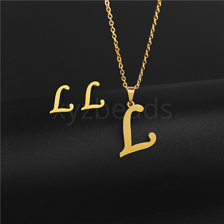 304 Stainless Steel Letter Pendant Necklaces & Stud Earrings Sets WG4BFDA-12-1