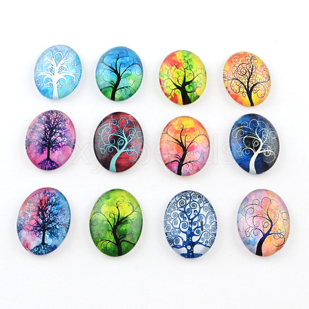 Tree Pattern Glass Oval Flatback Cabochons for DIY Projects GGLA-R022-30x20-56-1