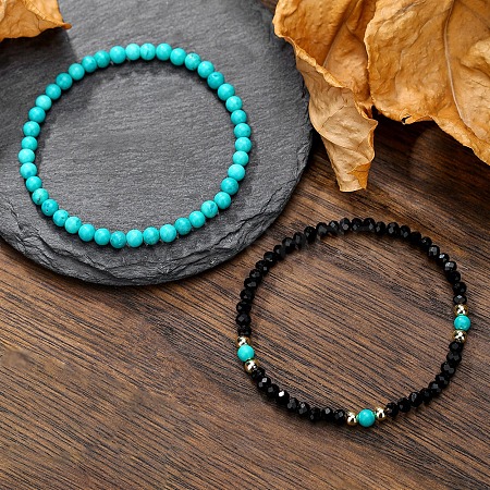 Synthetic Turquoise & Brass Stretch Bracelets PW-WG3F67C-01-1