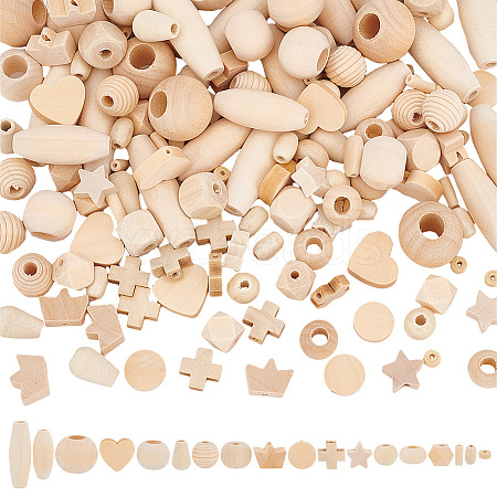   180Pcs 18 Styles Natural Wooden Beads WOOD-PH0002-38-1