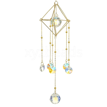 Glass Round Ball with Brass Chains Hanging Pendant Decorations HJEW-JM01298-1