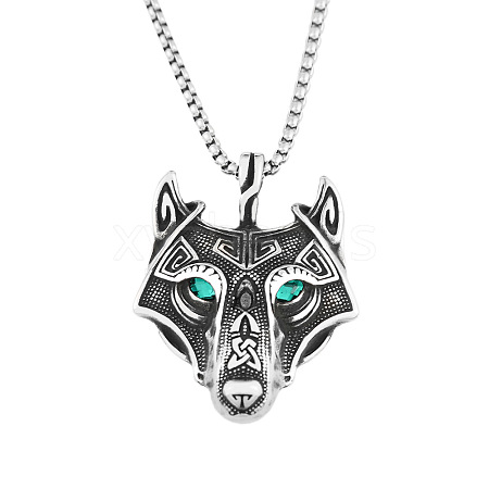 304 Stainless Steel Rhinestone Viking Wolf Head Pendant Necklaces FS-WGCFA8E-03-1