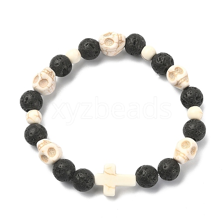 Dyed Natural & Synthetic Mixed Gemstone Skull & Cross Beaded Stretch Bracelets BJEW-TA00272-01-1